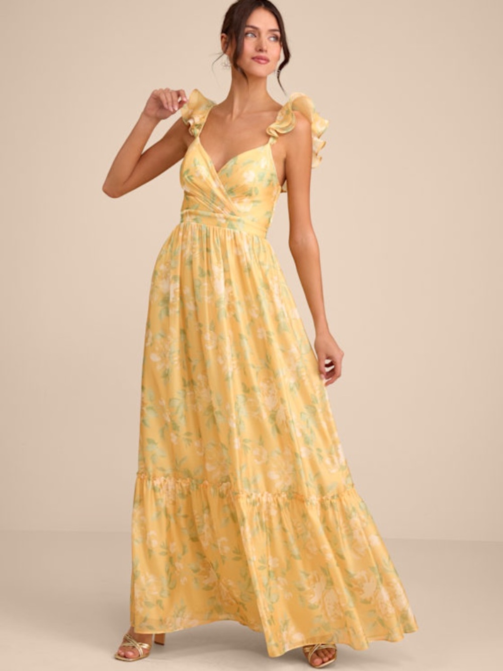 Lulus Soiree Perfection Yellow Floral Ruffled Tiered Maxi Dress - Size XL